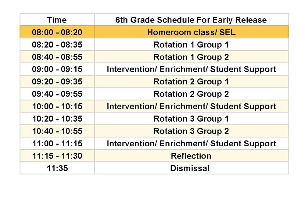 6th Grade Early Release Schedule