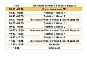 6th Grade Early Release Schedule