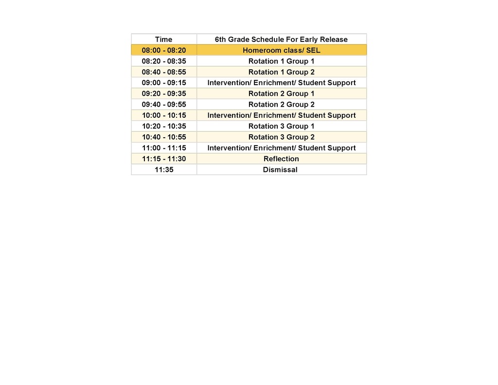 6th Grade Schedule For Early Release