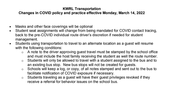 KWRL Transportation Changes effective March 14, 2022